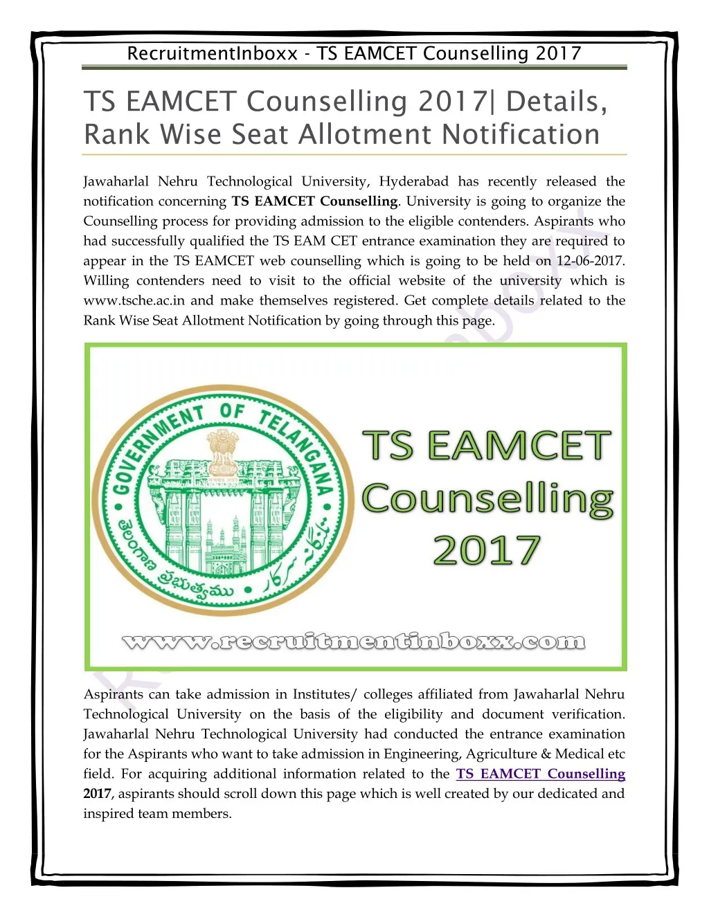 recruitmentinboxx ts eamcet counselling 2017