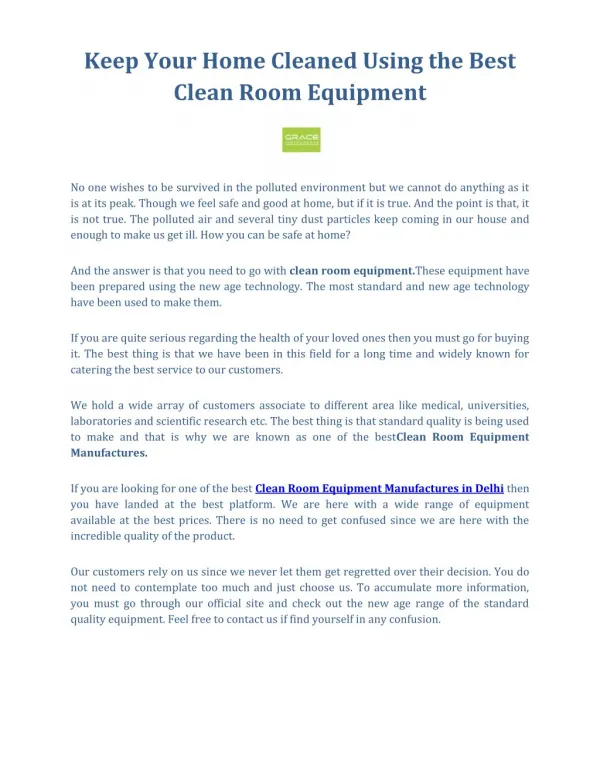 Best Clean Room Equipment Manufactures | Grace Lab