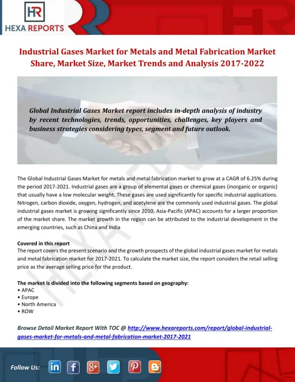Industrial Gases Market for Metals and Metal Fabrication Market Share, Market Size, Market Trends and Analysis 2017-2021