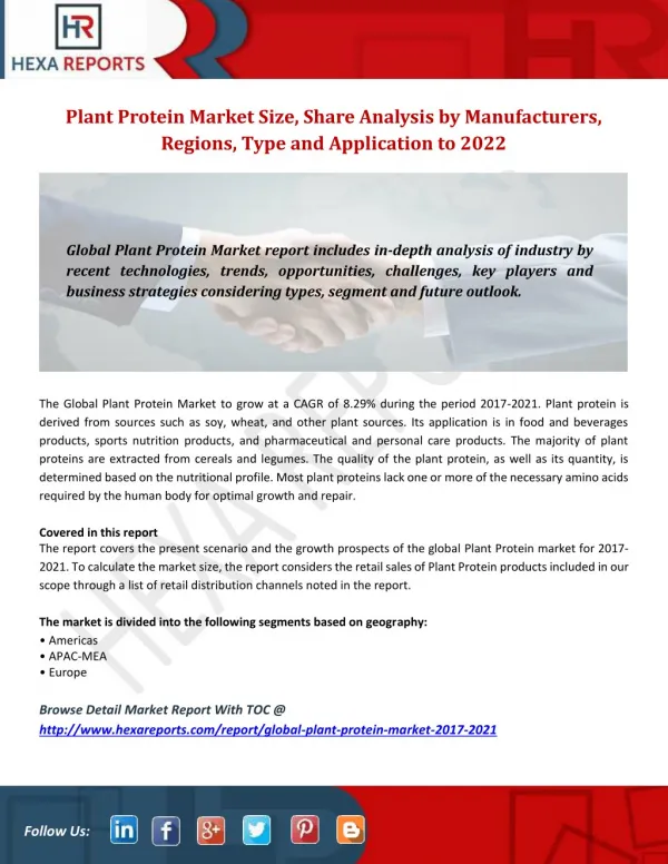 Plant Protein Market Size, Share Analysis by Manufacturers, Regions, Type and Application to 2021