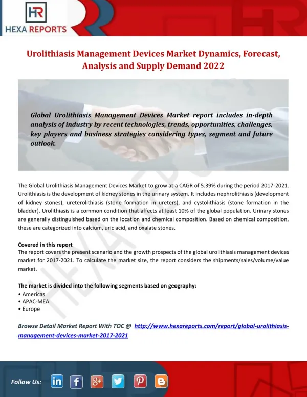 Urolithiasis Management Devices Market Dynamics, Forecast, Analysis and Supply Demand 2021