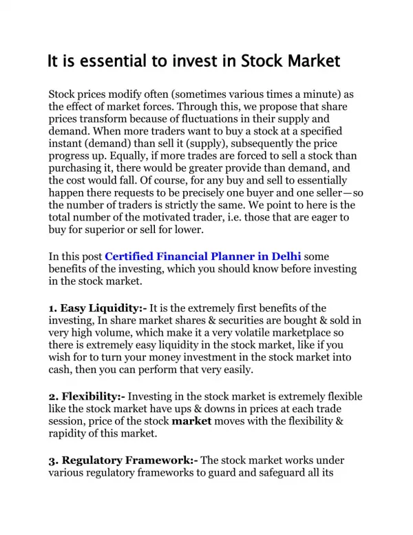 It is essential to invest in Stock Market