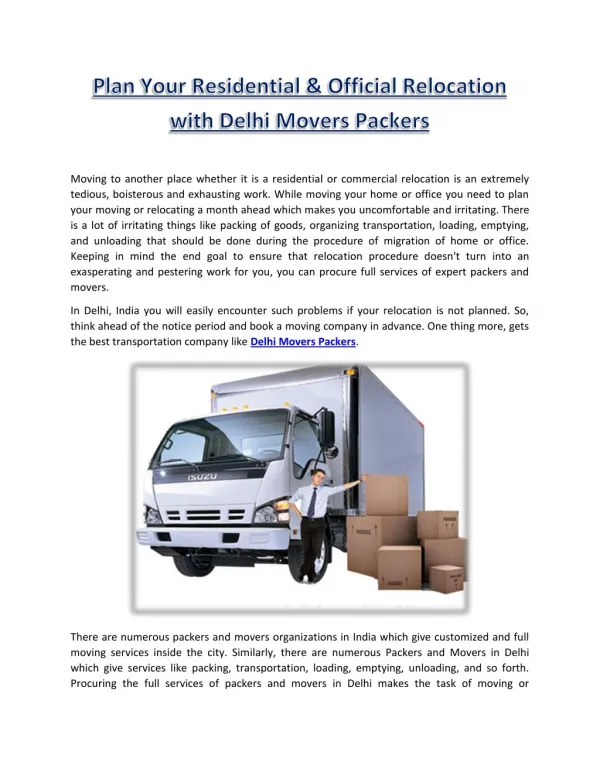 Plan Your Residential & Official Relocation with Delhi Movers Packers