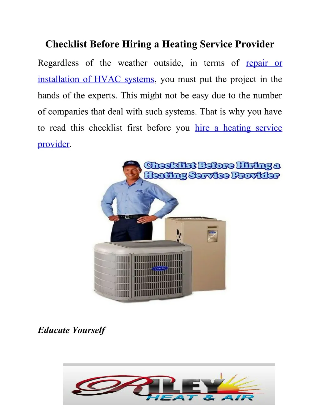checklist before hiring a heating service provider