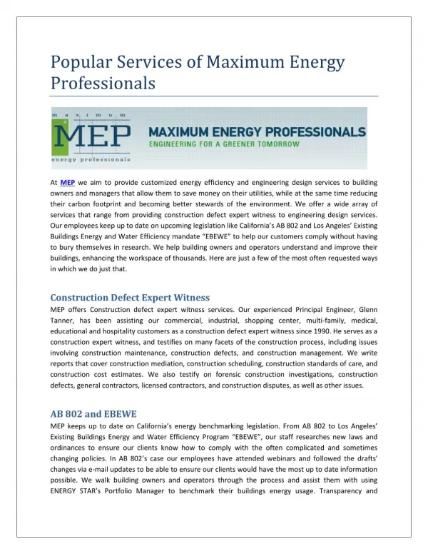 Popular Services of Maximum Energy Professionals