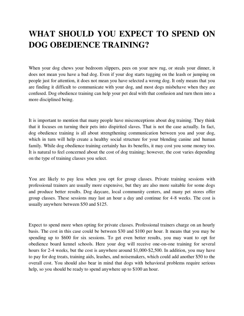 what should you expect to spend on dog obedience