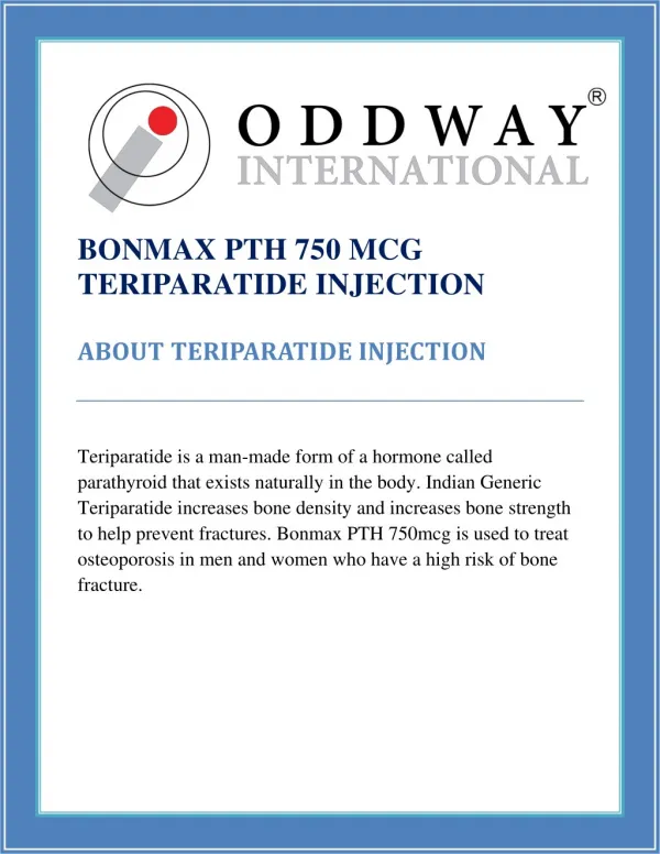 Bonmax PTH Teriparatide 750 Mcg Injection | Osteoporosis Medicines Wholesale Supplier