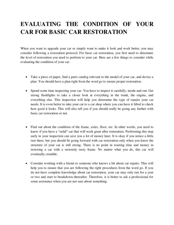 EVALUATING THE CONDITION OF YOUR CAR FOR BASIC CAR RESTORATION