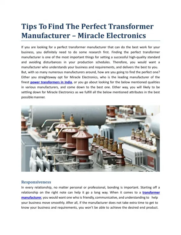 Tips To Find The Perfect Transformer Manufacturer - Miracle Electronics