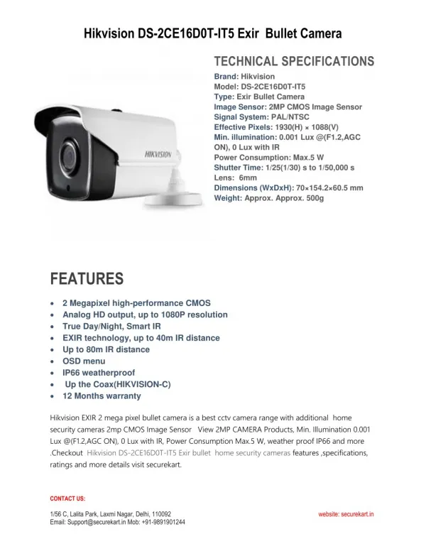 Specifications of Hikvision DS-2CE16D0T-IT5 HD Bullet CCTV Camera