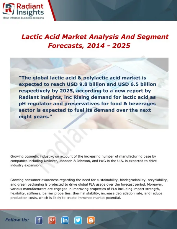 Lactic Acid Market Analysis, Growth and Overview Report To 2014 - 2025