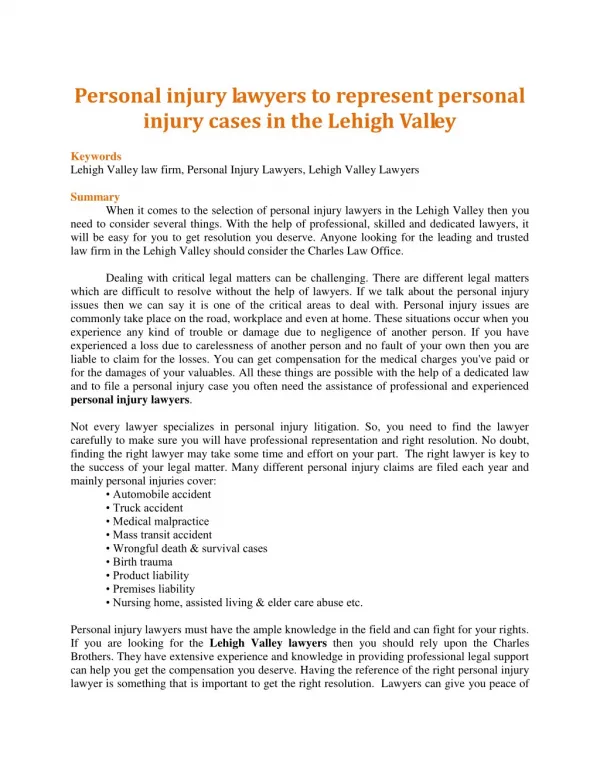 Personal injury lawyers to represent personal injury cases in the Lehigh Valley