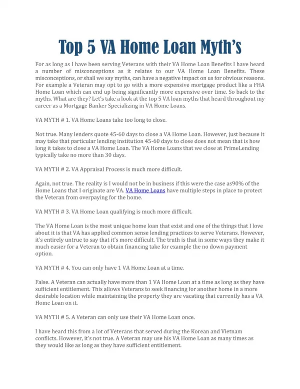 Top 5 VA Home Loan Myth