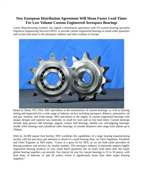 New European Distribution Agreement Will Mean Faster Lead Times For Low Volume Custom Engineered Aerospace Bearings