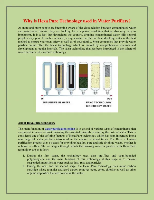 why is hexa pure technology used in water purifiers
