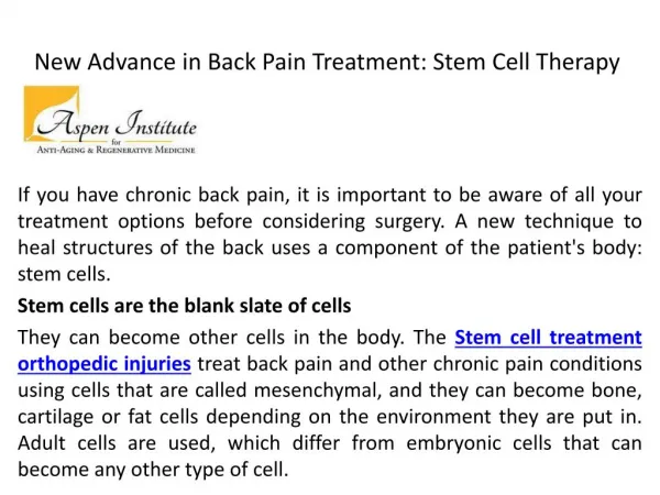 Stem Cell Treatment Orthopedic Injuries - Aspen-regenerativemedicine.com