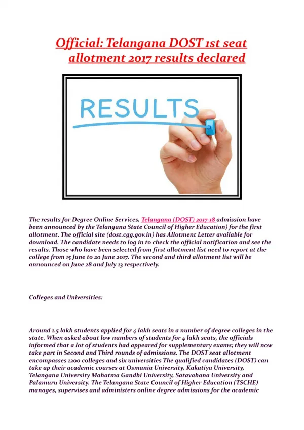 Official: Telangana DOST 1st seat allotment 2017 results declared