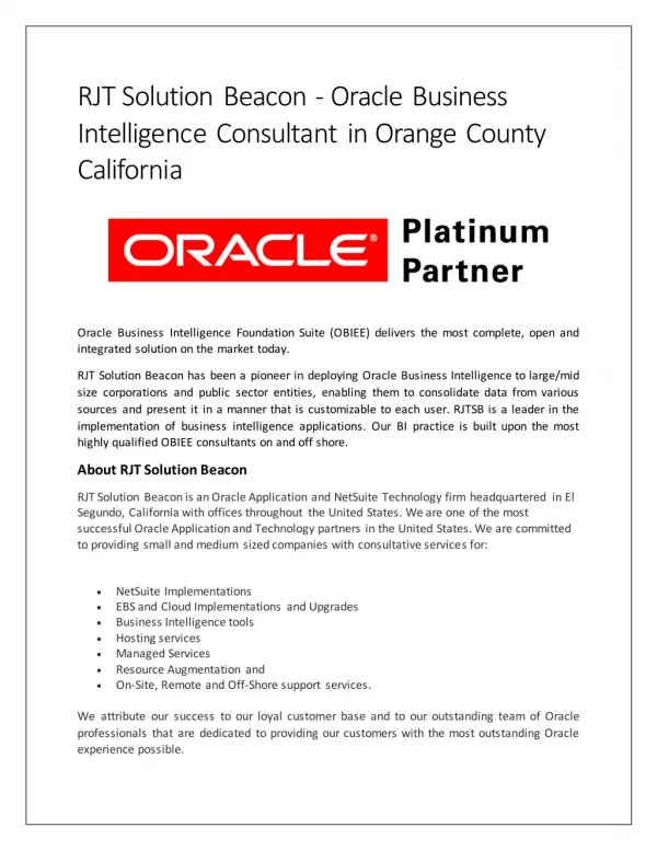 Oracle Business Intelligence Consultant in Orange County California