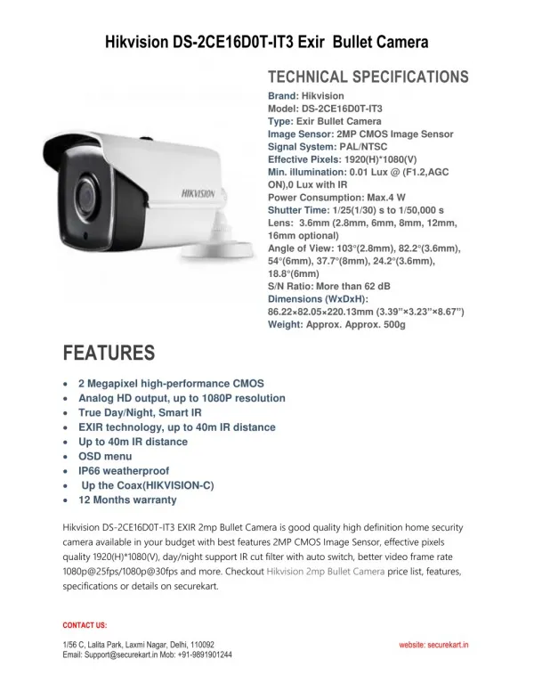 Hikvision DS-2CE16D0T-IT3 EXIR 2mp Bullet Camera