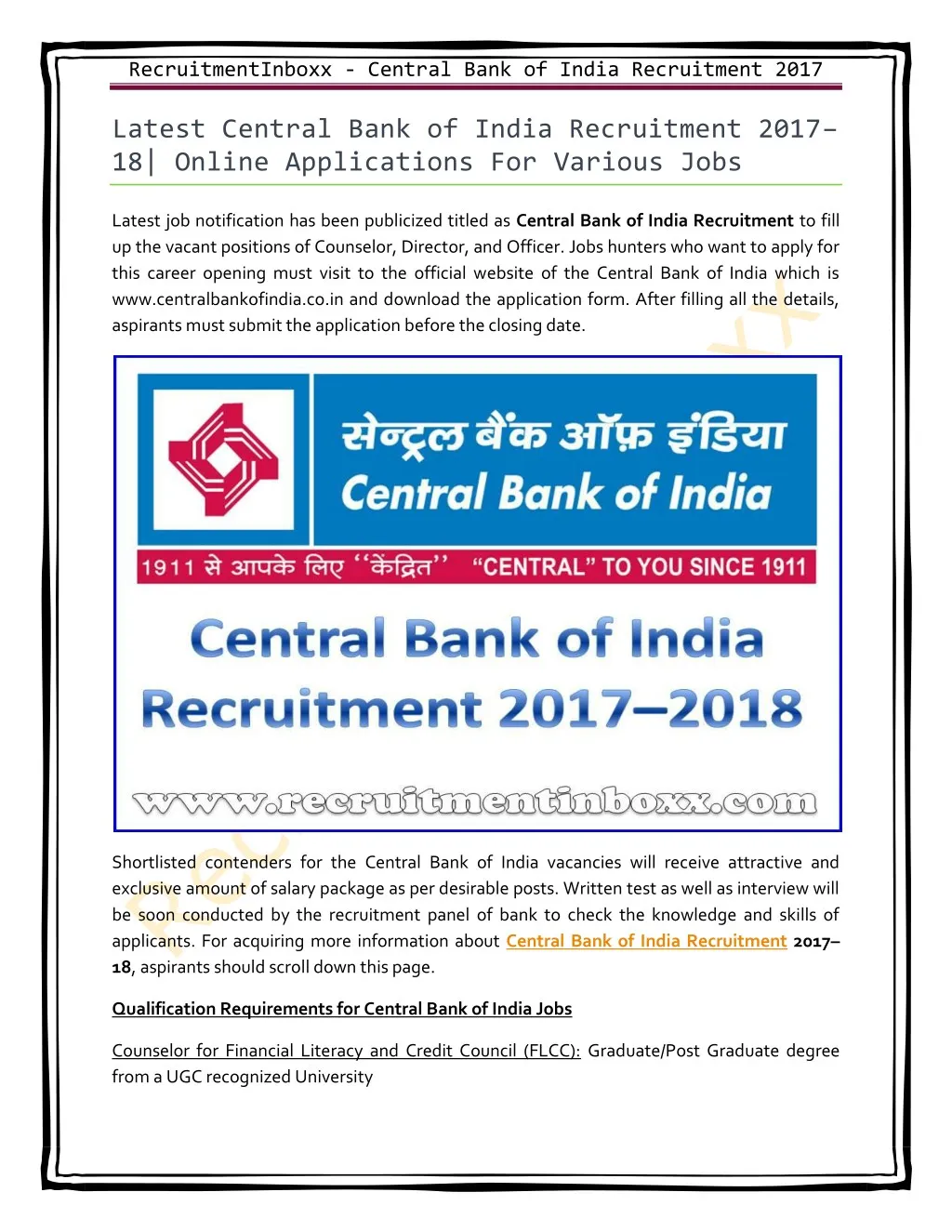 recruitmentinboxx central bank of india