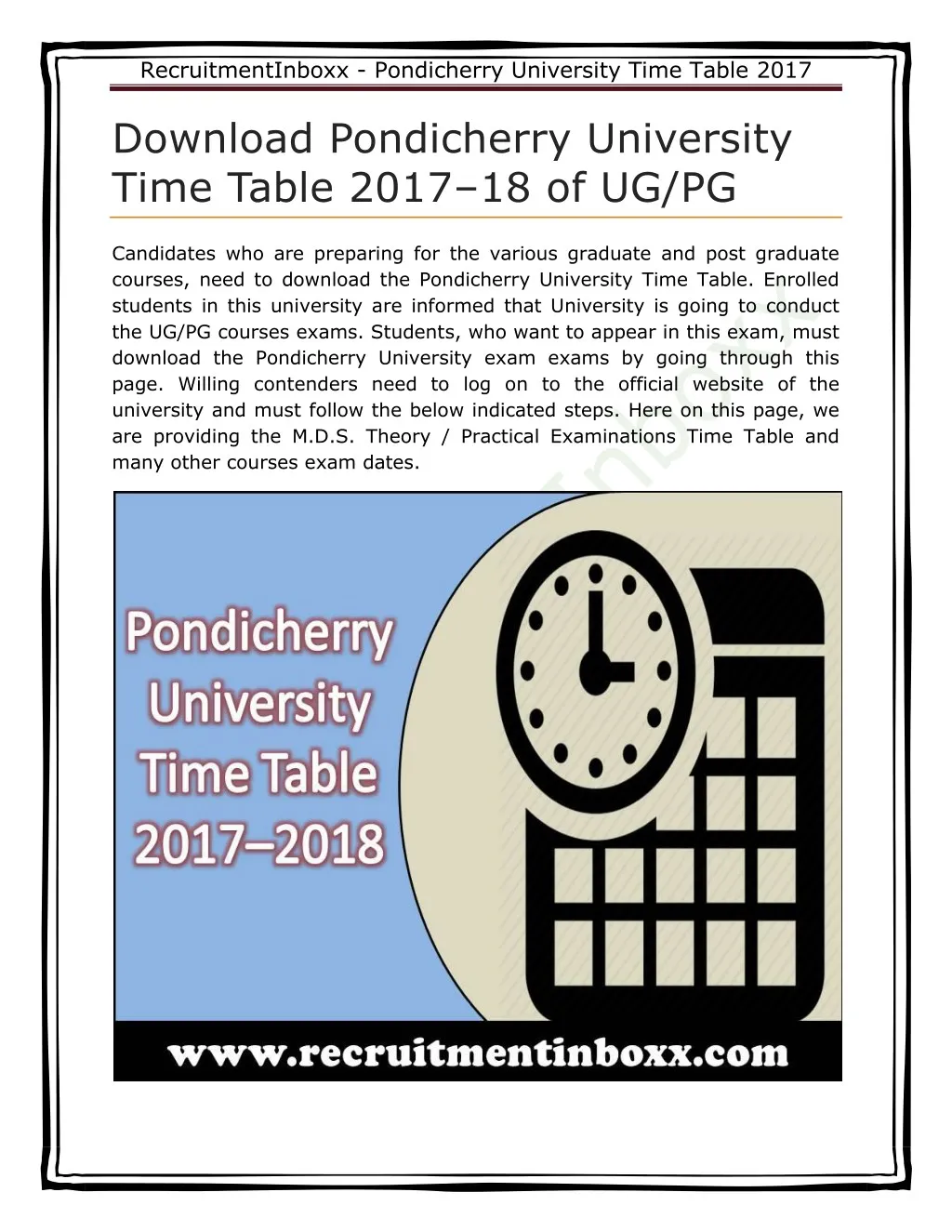 recruitmentinboxx pondicherry university time