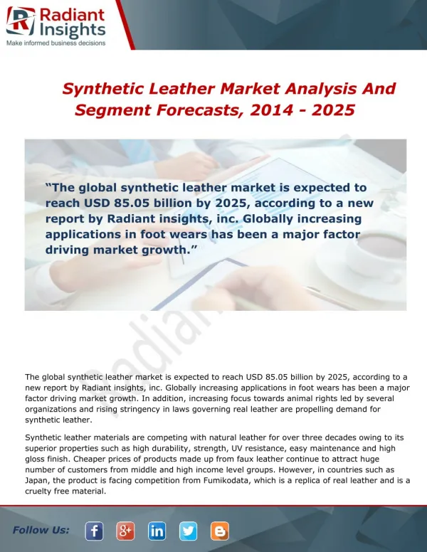 Synthetic Leather Market Growth, Trends and Forecast Report To 2014 - 2025