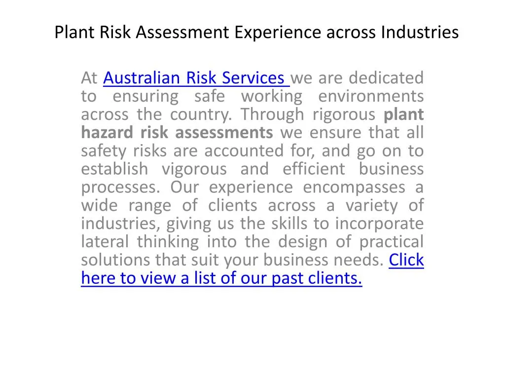 plant risk assessment experience across industries
