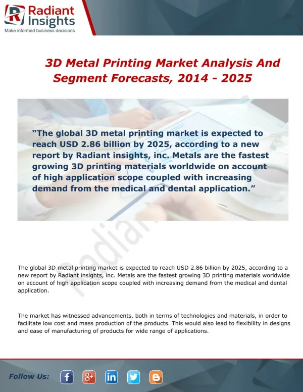 3D Metal Printing Market Analysis, Growth and Overview Report To 2014 - 2025