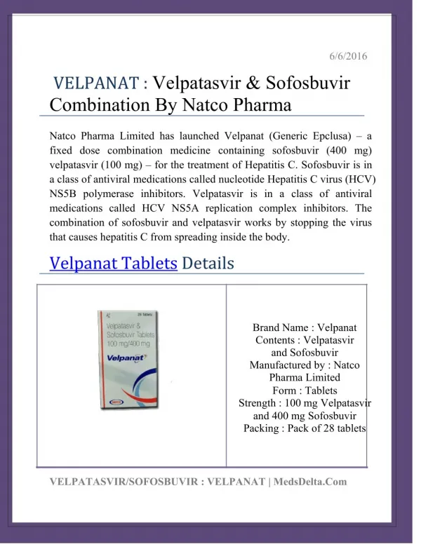 Epclusa tablets Generic Alternative Velpanat Sofosbuvir Velpatasvir Tablets Price