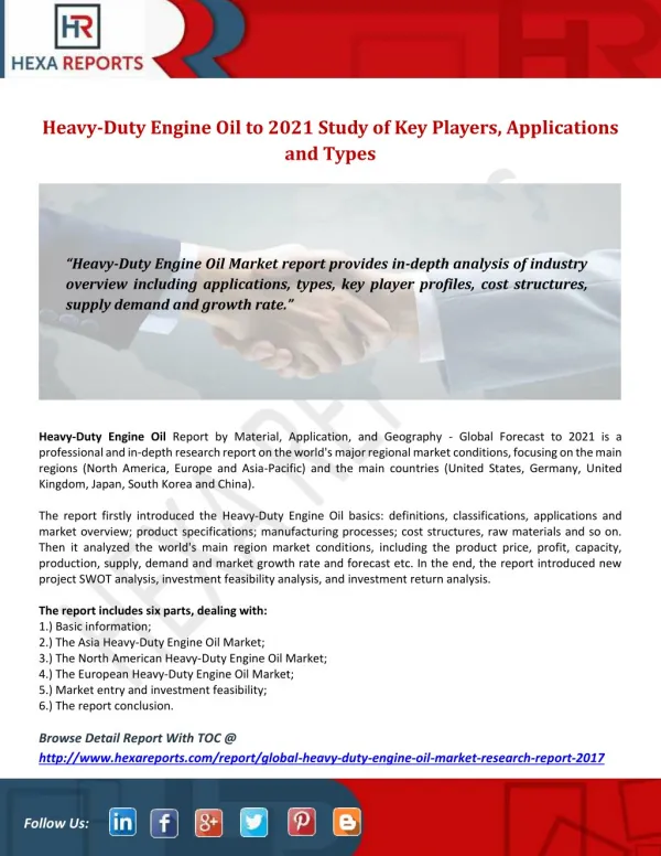 Heavy duty engine oil to 2021 study of keyplayers, applications and types