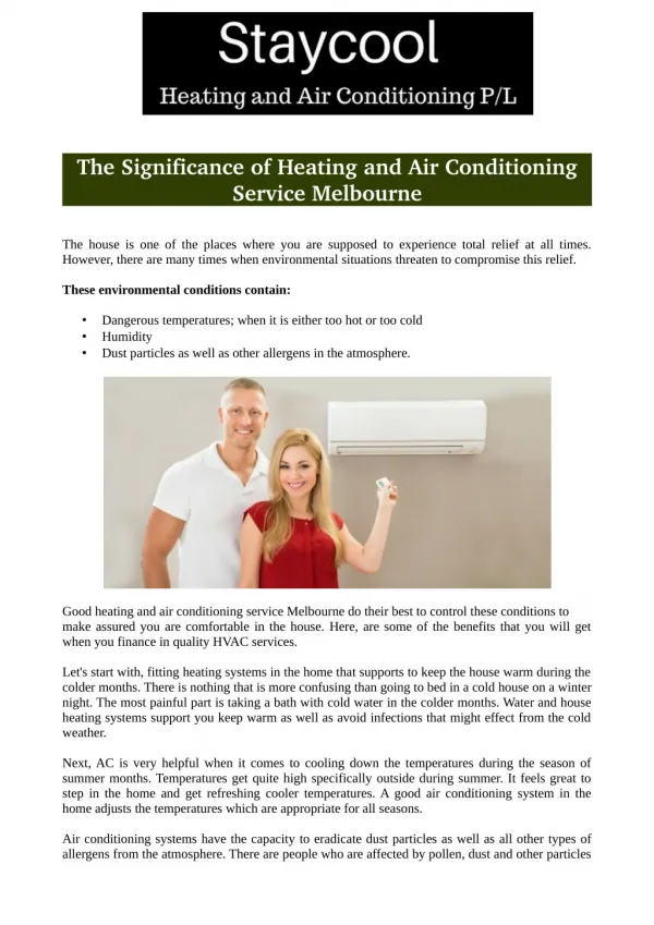 The Significance of Heating and Air Conditioning Service Melbourne
