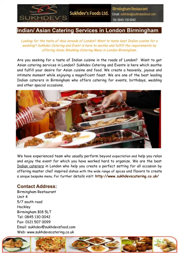 Indian Asian Catering Services in London Birmingham