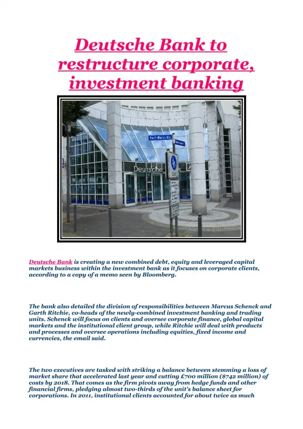 Deutsche Bank to restructure corporate, investment banking