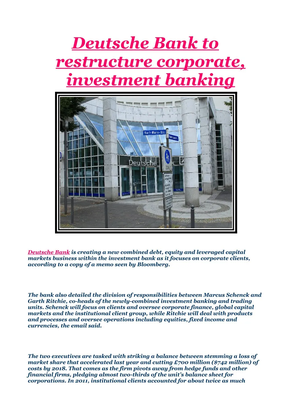 deutsche bank to restructure corporate investment