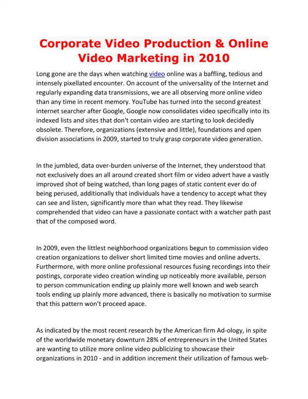 Corporate Video Production & Online Video Marketing in 2010