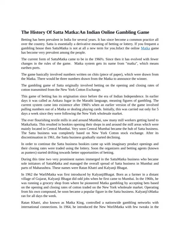 The History Of Satta Matka:An Indian Online Gambling Game