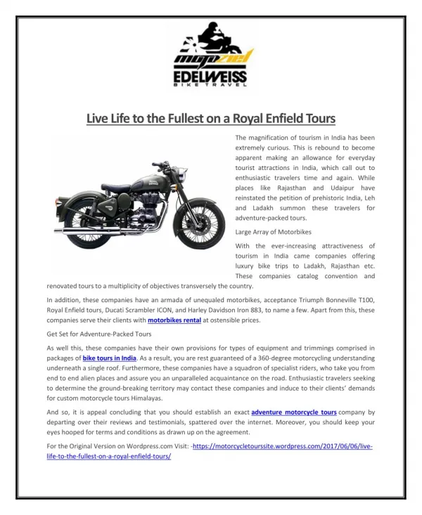 Live Life to the Fullest on a Royal Enfield Tours