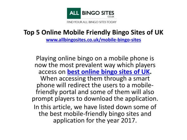 Top 5 Mobile Friendly Bingo Sites of UK