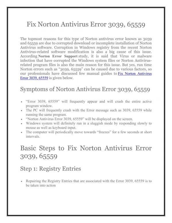 Norton Support 1800-431-268 to Fix Norton Antivirus Error 3039, 65559