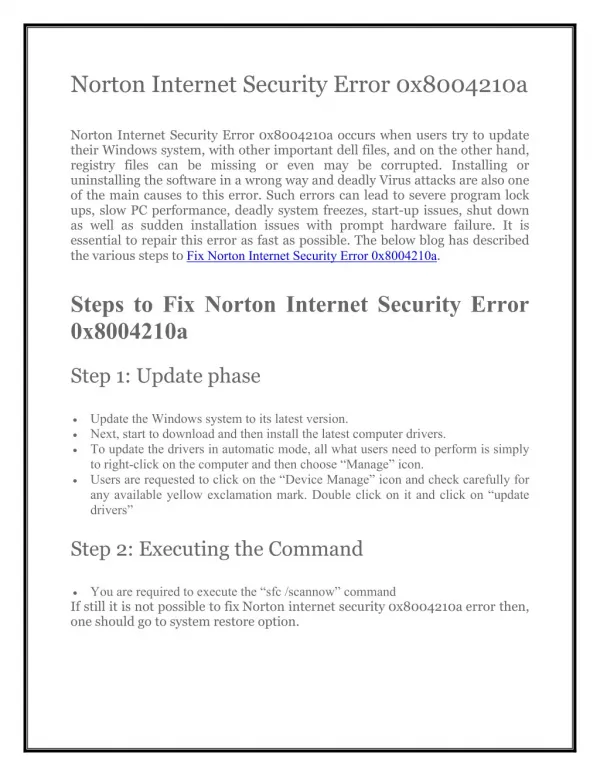 Norton Support 1800-431-268 to Fix Norton Internet Security Error 0x8004210a