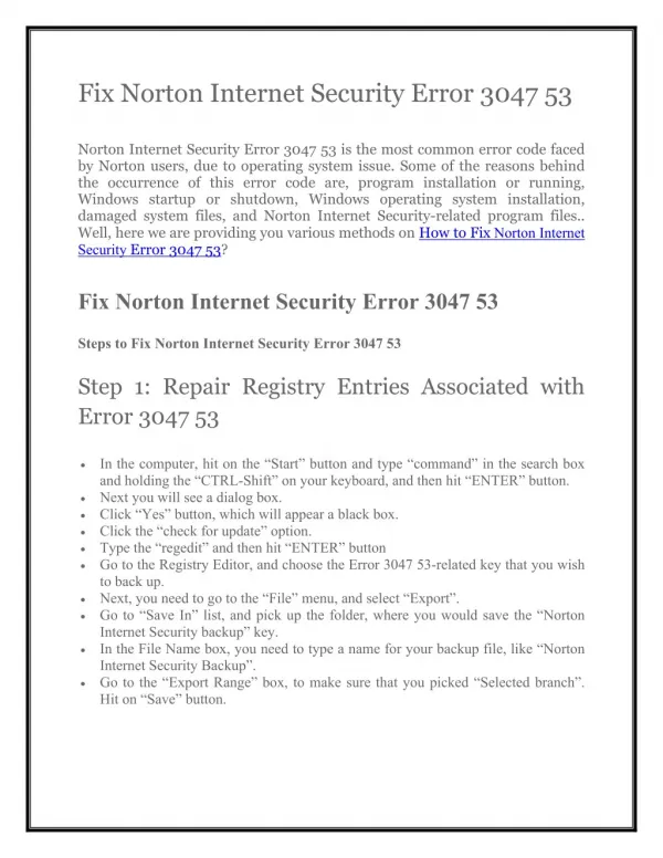 Support 1800-431-268 to Fix Norton Internet Security Error 3047 53