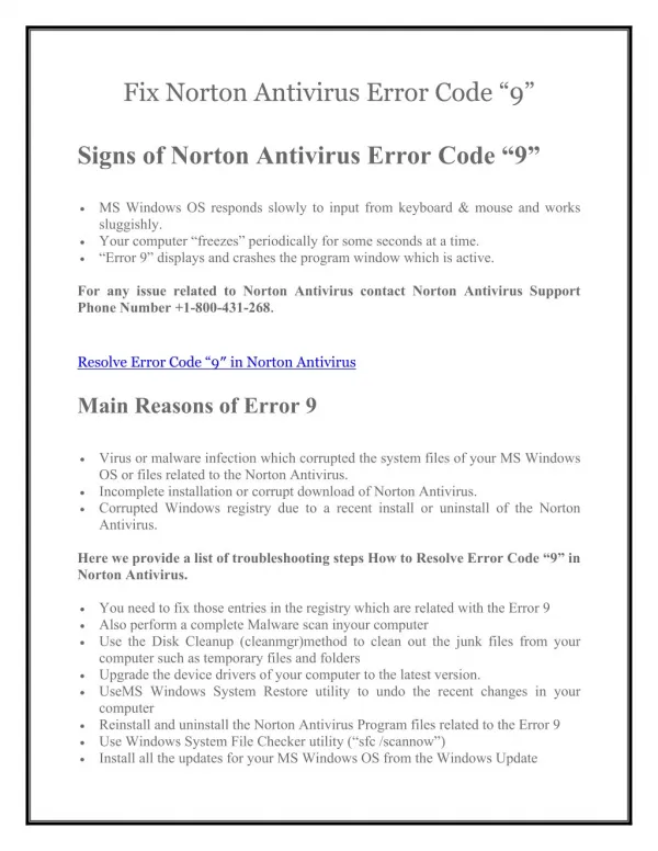 Support 1800-431-268 To Fix Norton Antivirus Error Code 9