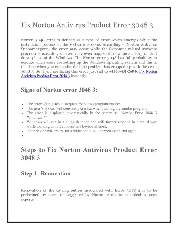 Support 1800-431-268 to Fix Norton Antivirus Product Error 3048 3