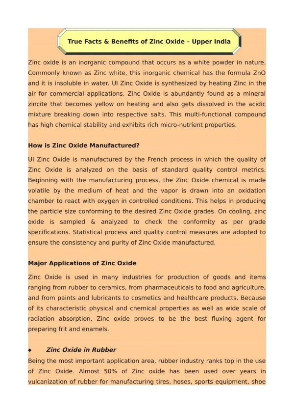 Facts & Benefits of Zinc Oxide - Upper India