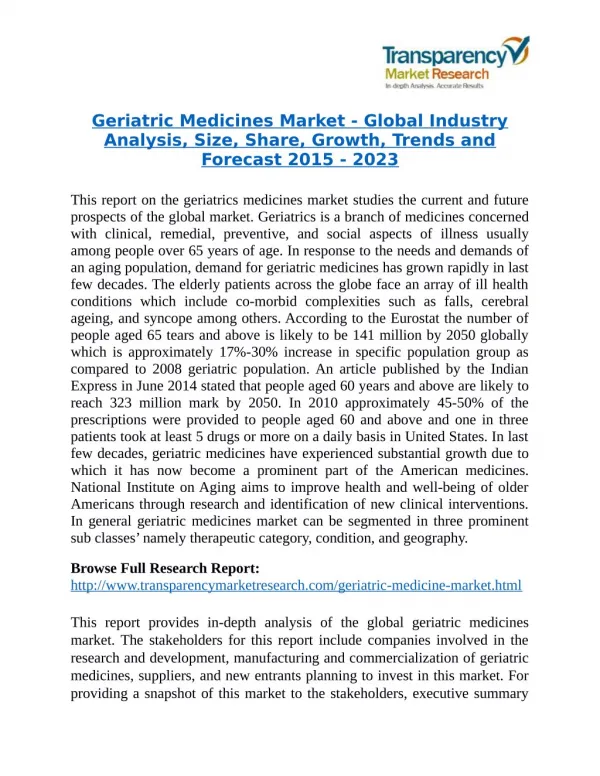 Geriatric Medicines Market will rise to US$ 948 Billion by 2023