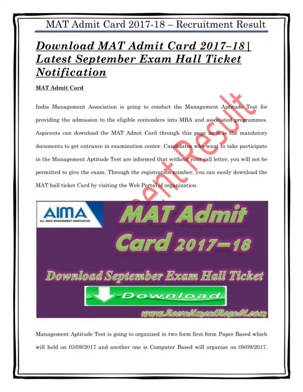 Download MAT Admit Card 2017–18| Latest September Exam Hall Ticket Notification