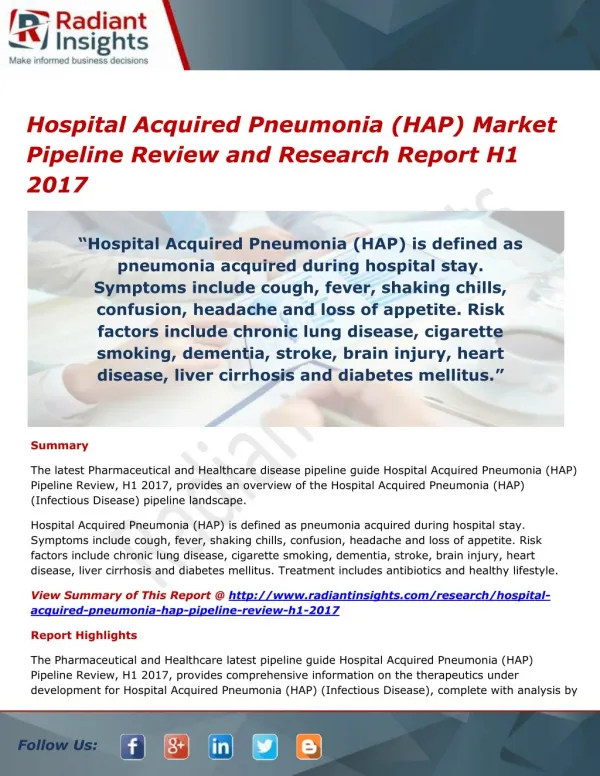 Hospital Acquired Pneumonia (HAP) Market Pipeline Analysis and Forecast Report 2017