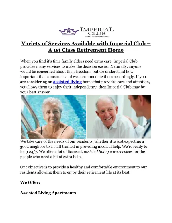 Variety of Services Available with Imperial Club – A 1st Class Retirement Home