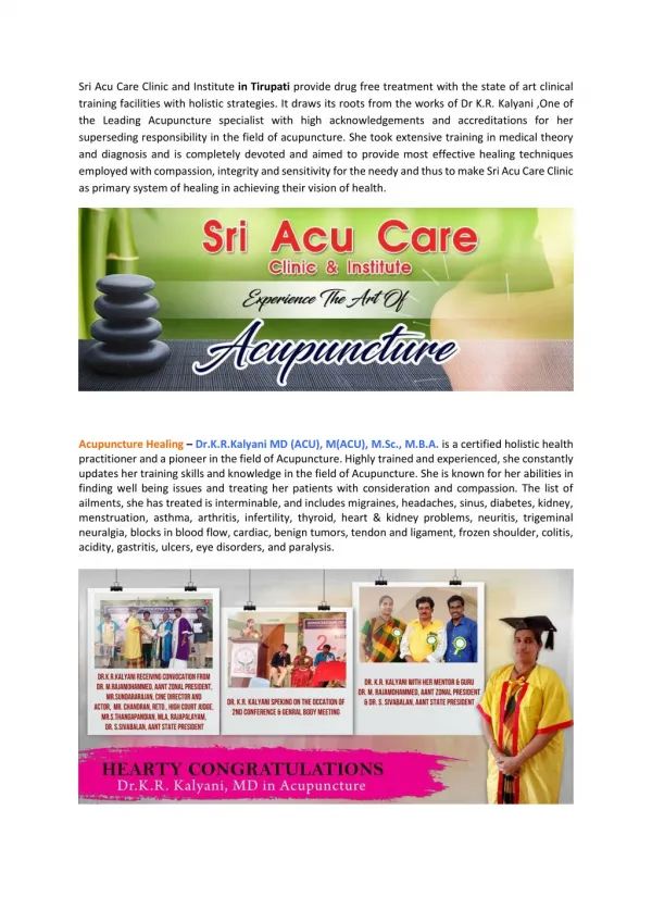 Sri Acu care Clinic- Dr Kalyani's Acupuncture Treatment in Tirupati