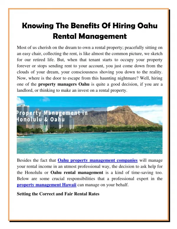 Knowing The Benefits Of Hiring Oahu Rental Management